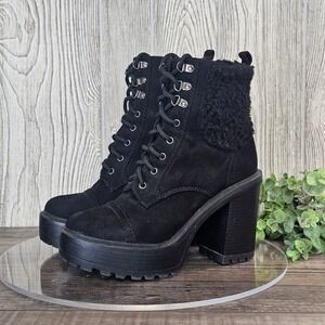 Soda Black Platform Lace Up Boots Sherpa Ankle Chunky Heel Women's 7.5 Y2K Goth